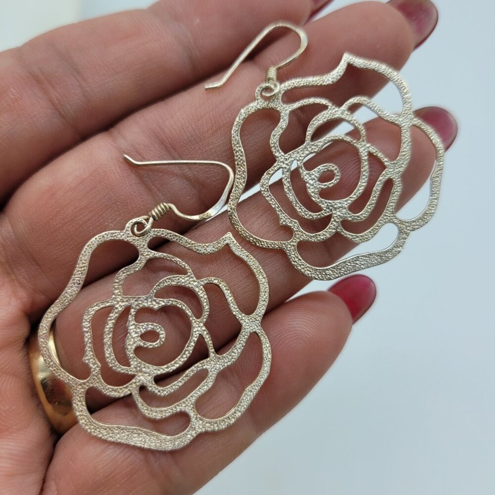 Signed FAS 925 Sterling Silver Openwork Rose Filigree Earrings Drop Dangle